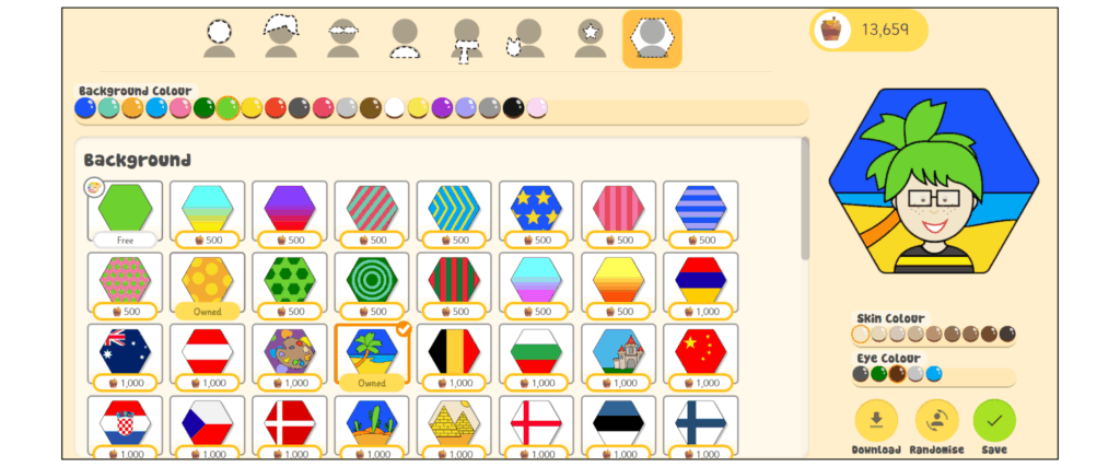 Spelling Shed avatar image. The avatar has green hair with glasses and a yellow and black stripy t-shirt on. The background is of the beack. Other background options are also shown. 