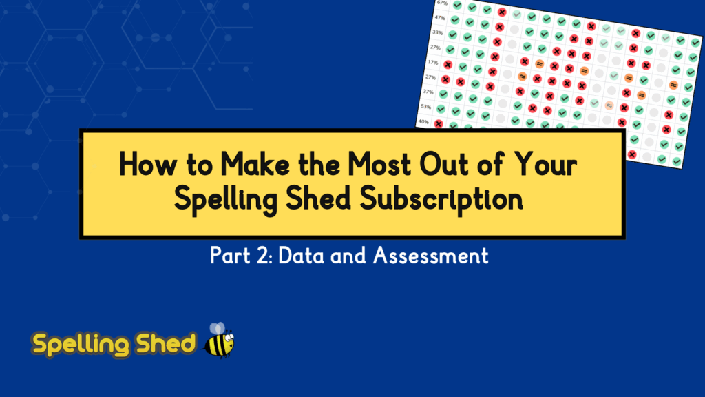 Title slide with data image. Title: How to Make the Most Out of Your Spelling Shed Subscription Part 2: Data and Assessment