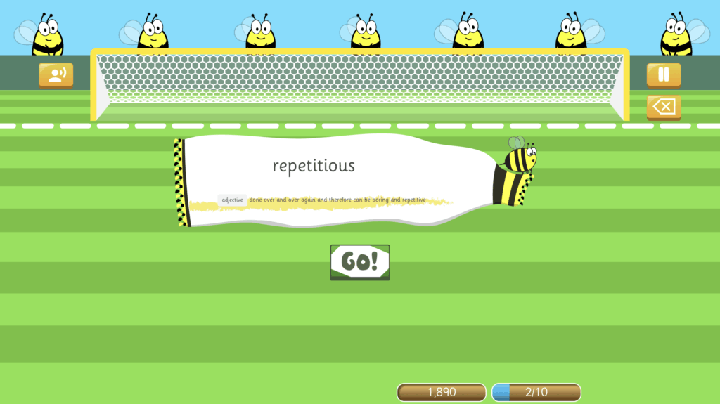 Spelling Shed Penalty Spell-out game on Easy Mode. The word used in the example is 'repetitious'. 