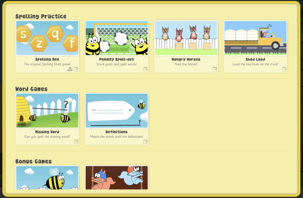 Spelling Shed games screen showing spelling practice games, word games and bonus games.