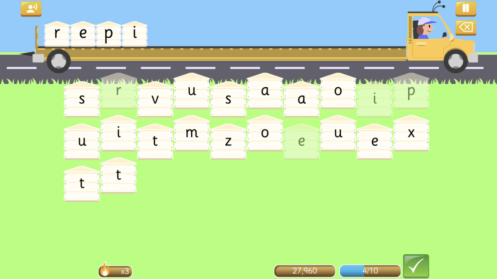 Spelling Shed Shed Load game on Hard Mode. The word used in the example is 'repetitious'. 