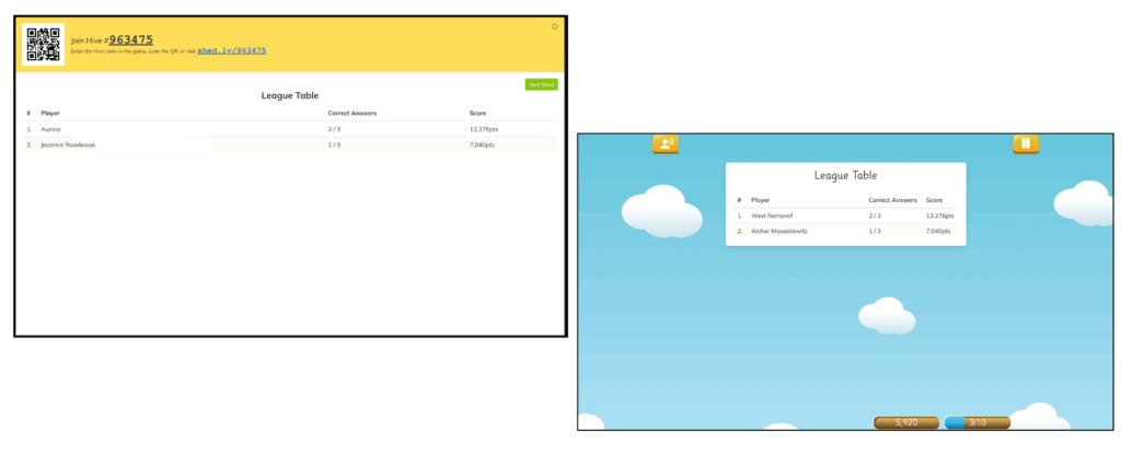 Spelling Shed hive game image showing what the teacher league screen and the pupil league screen. 