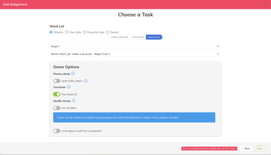 Spelling Shed's assignment screen with test mode turned on. 