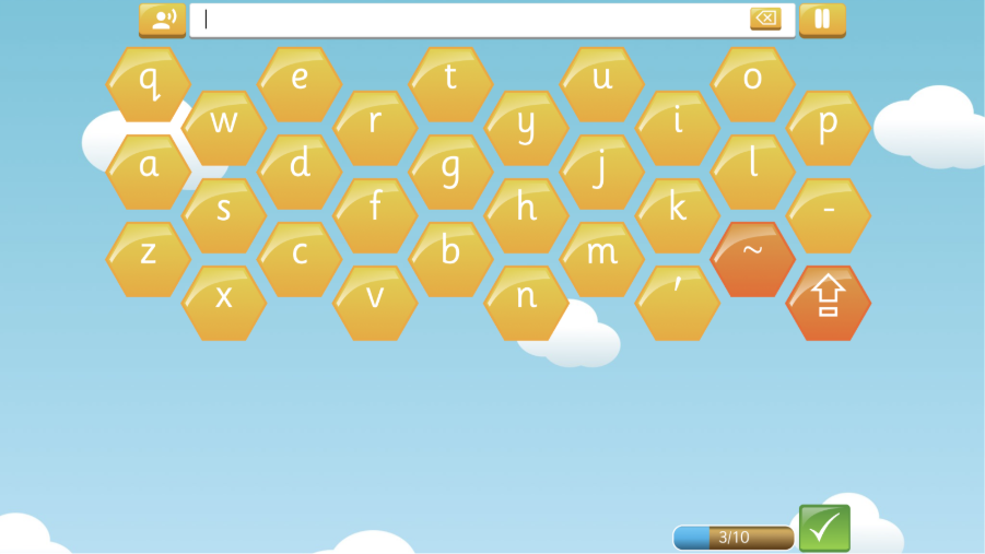 Spelling Shed test mode image showing the Spelling Bee game. 