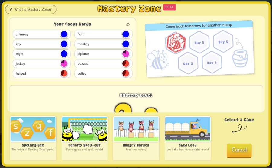Mastery Zone screen with focus words showing. There is one bumble stamp and the mastery level is displayed. The Mastery Zone games show as thumbnails at the bottom of the screen. 