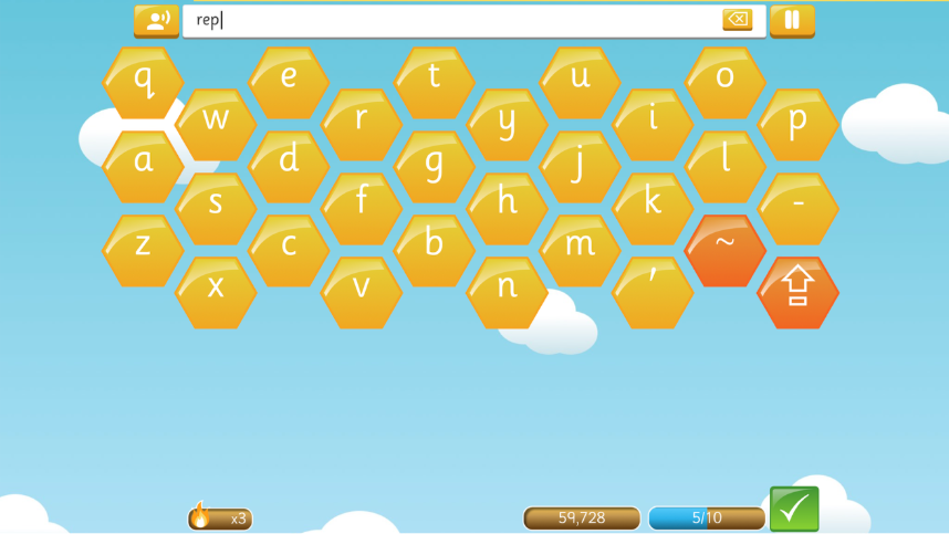 Spelling Shed Spelling Bee game on Extreme Mode. The word used in the example is 'repetitious'. 
