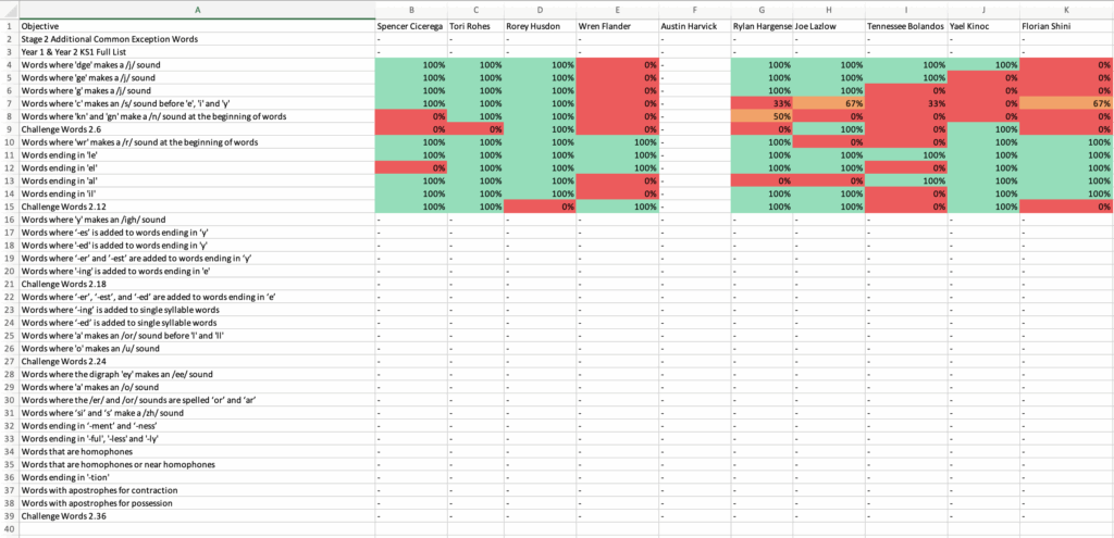 A spreadsheet of the competency tracker. The pupil names are at the top with the objectives down the side. The spreadsheet is colour coded with a percentage for each objective and pupil.