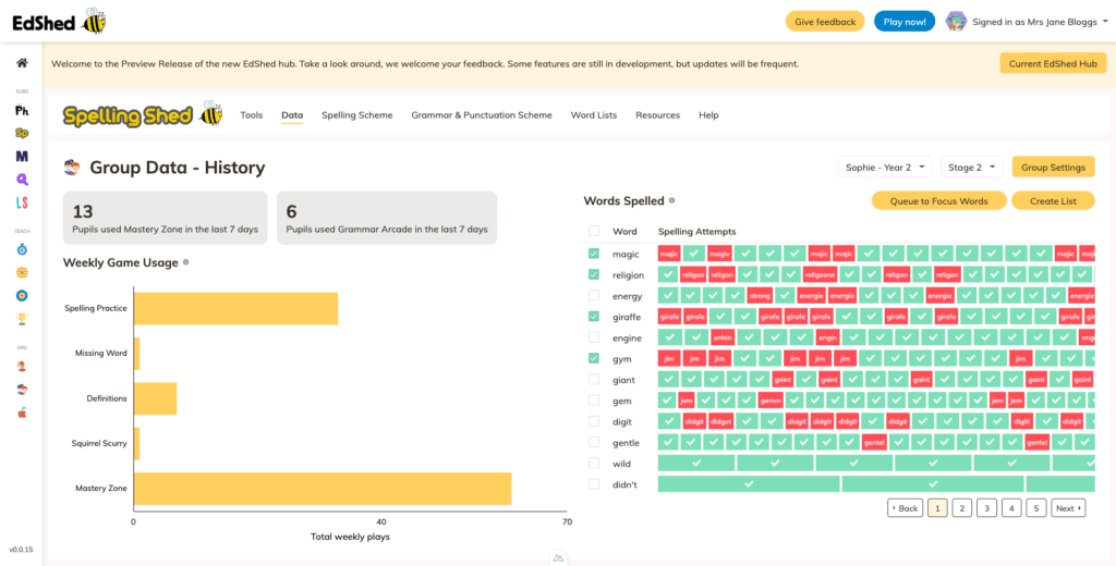 Spelling Shed Group Data - History page displaying a weekly game usage bar chart and words spelled table.