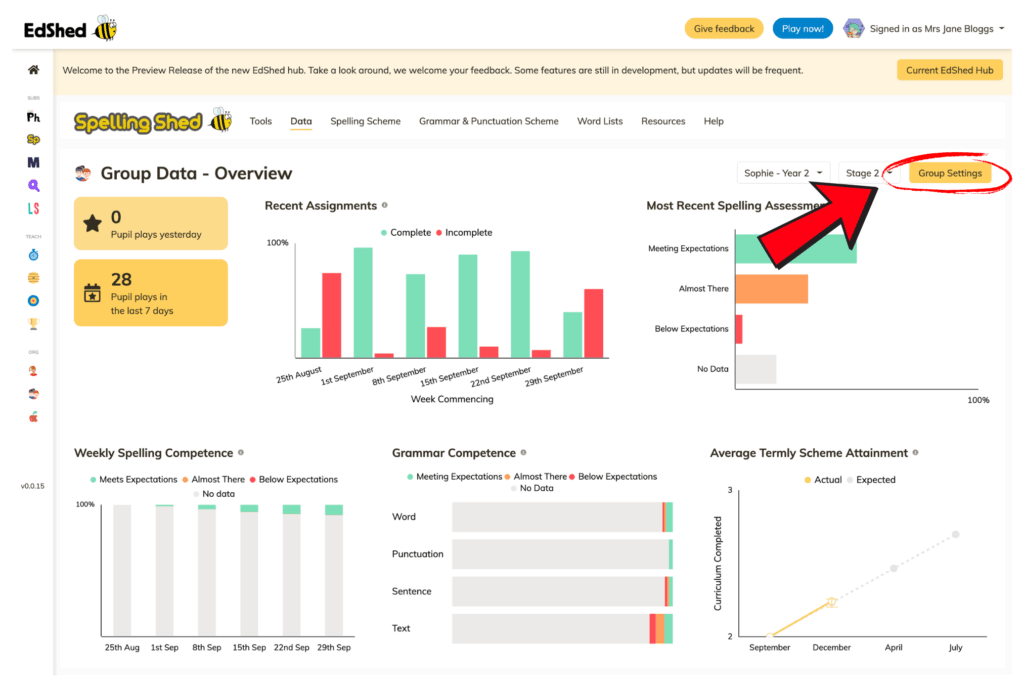 Spelling Shed's Group Data - Overview page with an arrow pointing to 'Group Settings'. 
