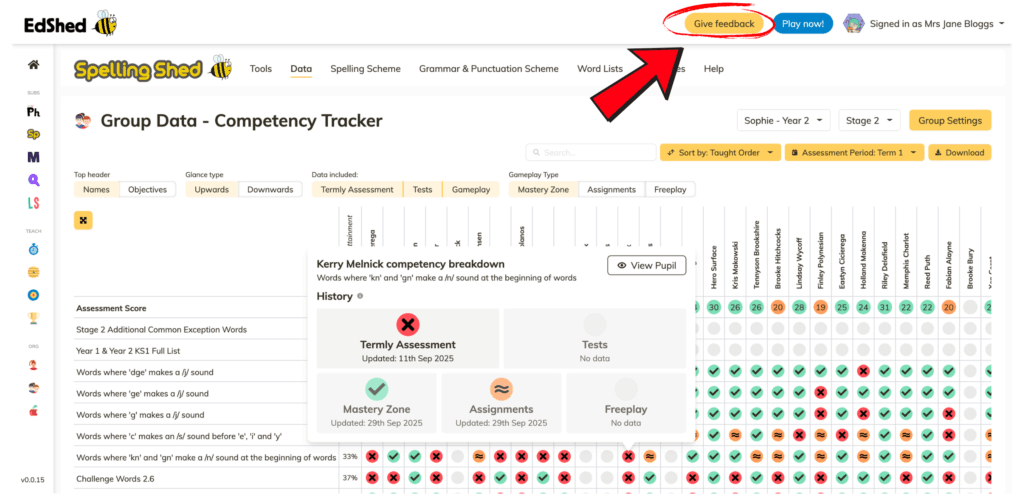 Spelling Shed Group Data - Competency Tracker page with red arrow pointing to the give feedback button. 
