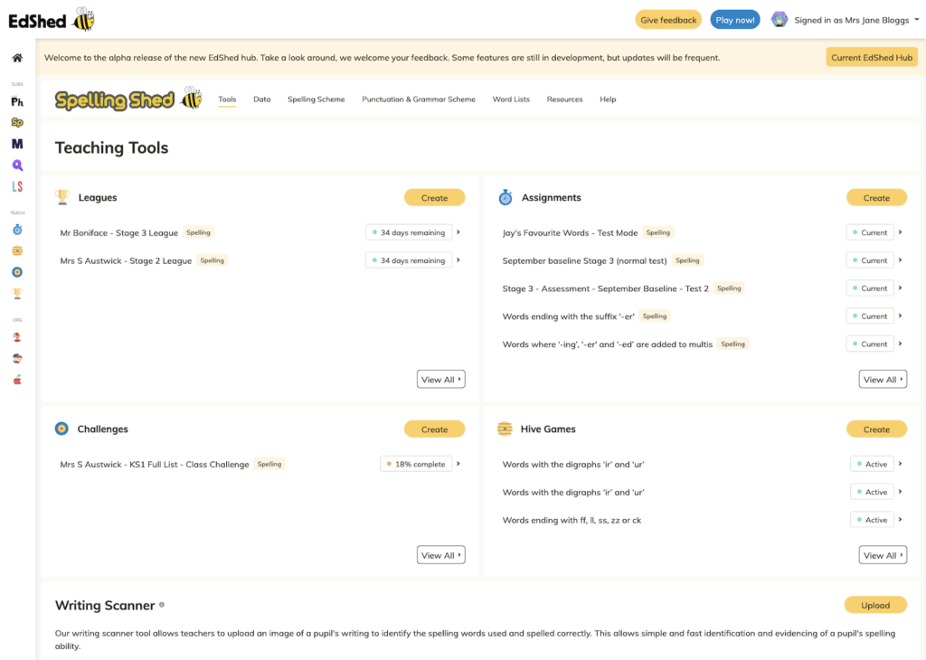 Spelling Shed Teaching Tools page displaying leagues, assignments, challenges, hive games and the writing scanner.