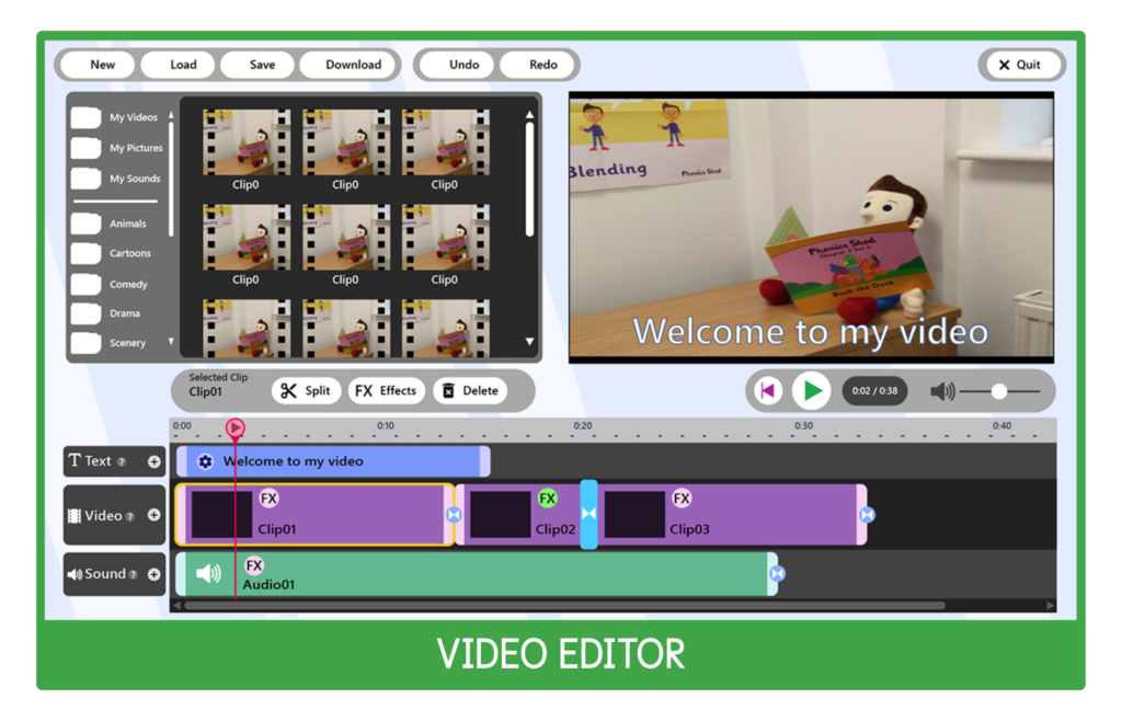 Image of Computing Shed's Video Editor. 
The top right shows the video being edited with the left side showing the different clips. At the bottom of the image, there is the layers of video, including sound, text and video. 