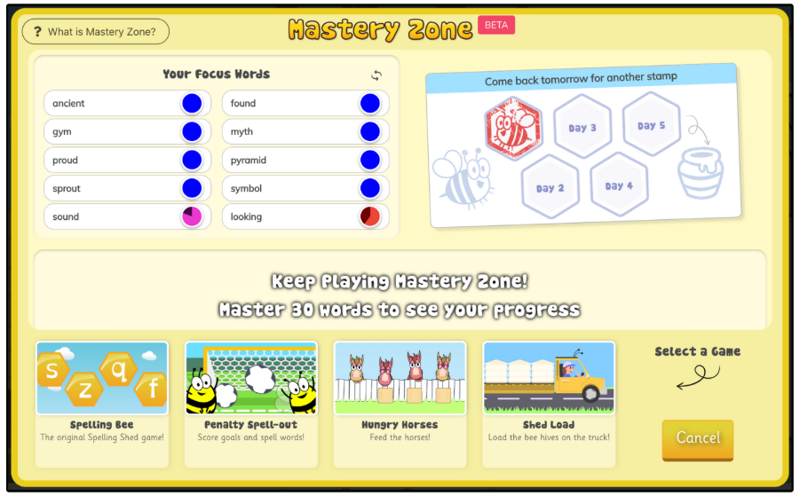 Image showing Spelling Shed's Mastery Zone. The left side shows the pupil's focus words, while the right side shows a loyalty card with one stamp. Underneath are the Mastery Zone games. 