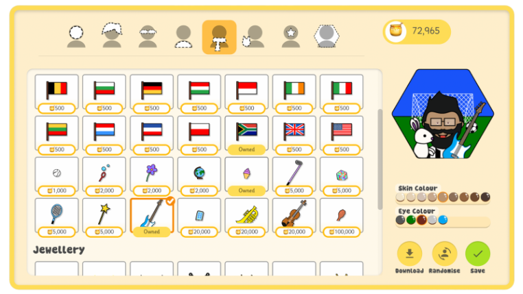 Image of EdShed's avatar screen with the options showing accessories. The avatar has a guitar, rabbit and the background is a football pitch. 
